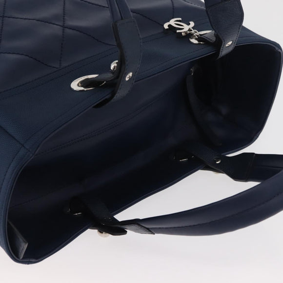 CHANEL Paris Biarritz MM Tote Bag Coated Canvas Navy Silver CC Auth 181519SAV