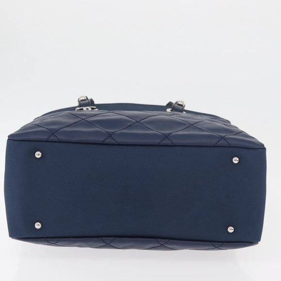 CHANEL Paris Biarritz MM Tote Bag Coated Canvas Navy Silver CC Auth 181519SAV