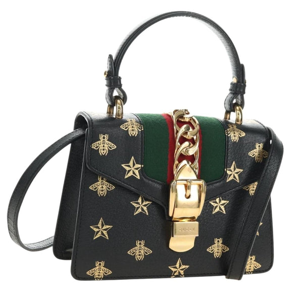 GUCCI Bee & Star Sherry Line Tasche Leder 3-Wege Schwarz Gold 470270 Original 181527SAV