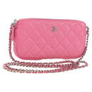 CHANEL Chain Matelasse Shoulder Bag Lamb Skin Pink Silver CC Auth 181529SAV-1