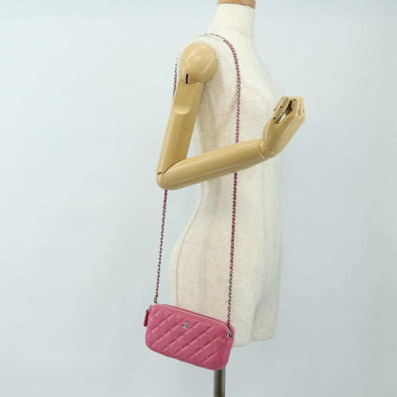 CHANEL Chain Matelasse Shoulder Bag Lamb Skin Pink Silver CC Auth 181529SAV