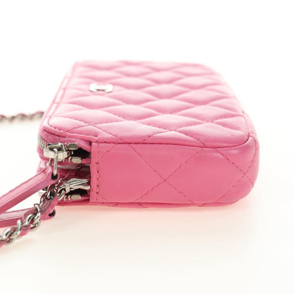 CHANEL Chain Matelasse Shoulder Bag Lamb Skin Pink Silver CC Auth 181529SAV