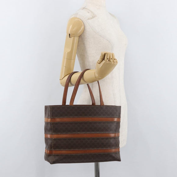 CELINE Macadam Canvas Handtas PVC Leer Bruin Goud Auth 181540