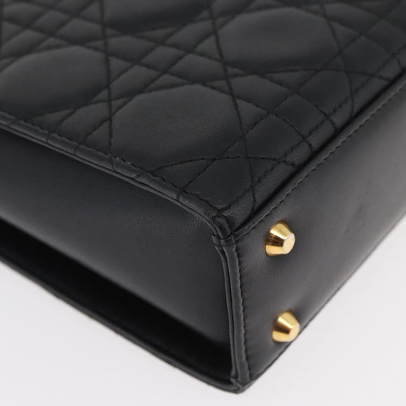 Christian Dior Lady Dior Hand Bag Lamb Skin Black Gold Auth 181559SAM