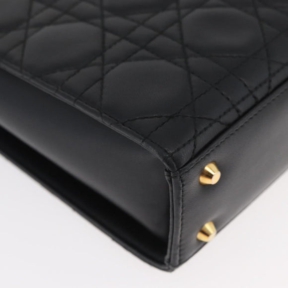 Christian Dior Lady Dior Hand Bag Lamb Skin Black Gold Auth 181559SAM