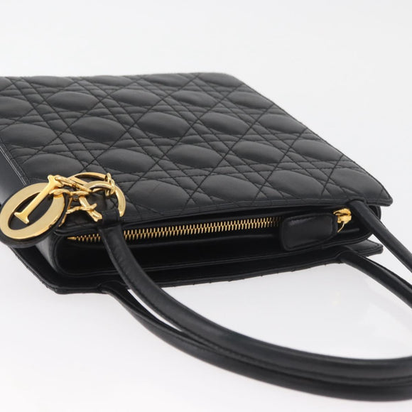 Christian Dior Lady Dior Hand Bag Lamb Skin Black Gold Auth 181559SAM