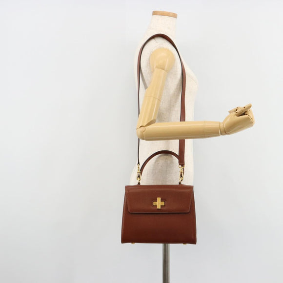 CELINE Hand Bag Leather 2way Brown Gold Auth 181564A