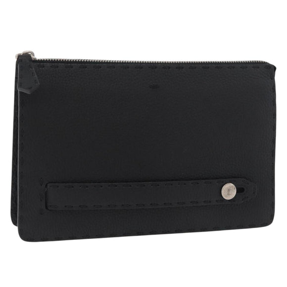 FENDI Clutch Bag Leather Black Silver Auth 181568A