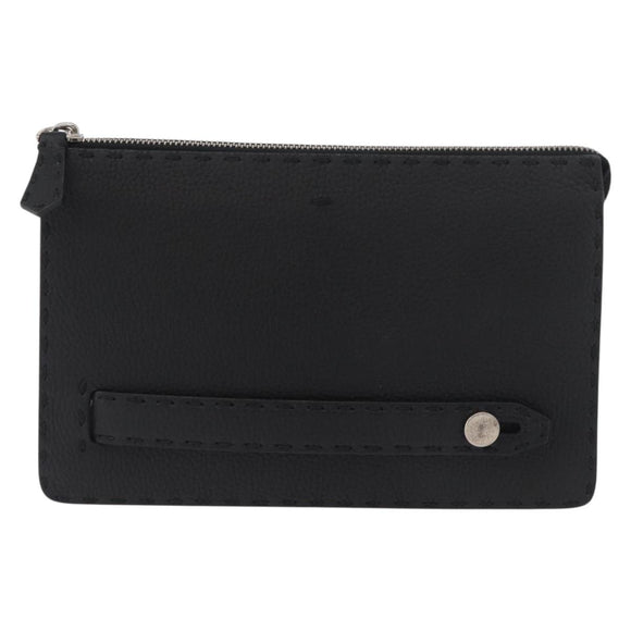 FENDI Clutch Bag Leather Black Silver Auth 181568A