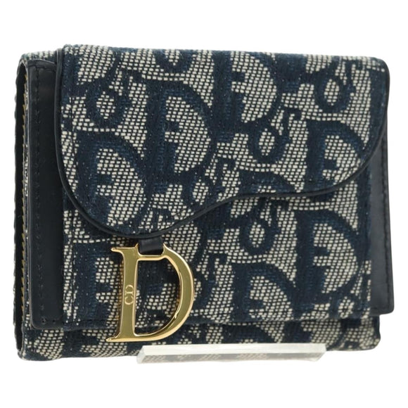 Christian Dior Trotter Canvas Sattel Dreifach-Brieftasche Marinegold Auth 181569V