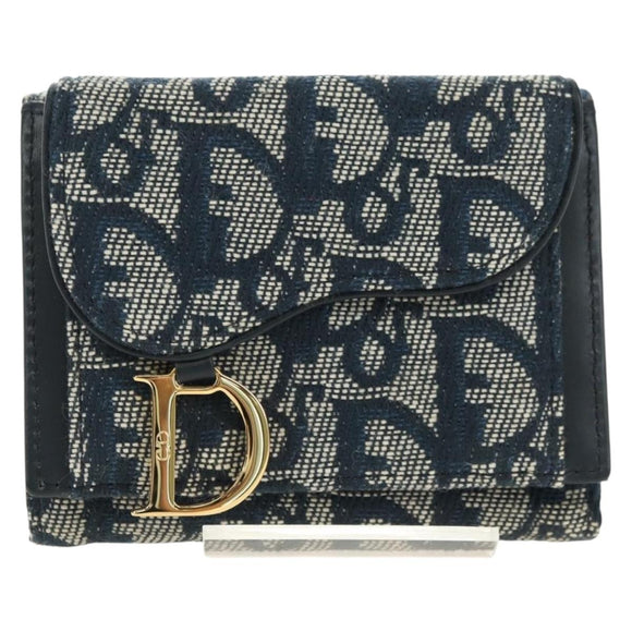 Christian Dior Trotter Canvas Sattel Dreifach-Brieftasche Marinegold Auth 181569V