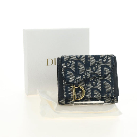 Christian Dior Trotter Canvas Sattel Dreifach-Brieftasche Marinegold Auth 181569V