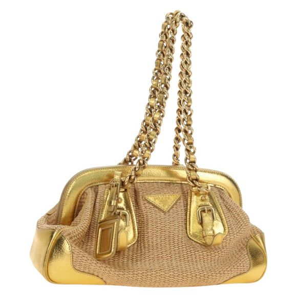 PRADA Chain Shoulder Bag Raffia Beige Gold Auth 181575SAV