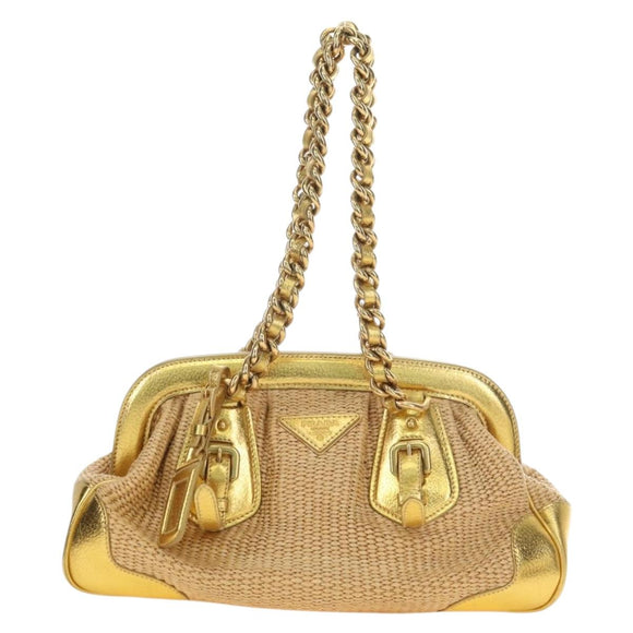 PRADA Chain Shoulder Bag Raffia Beige Gold Auth 181575SAV