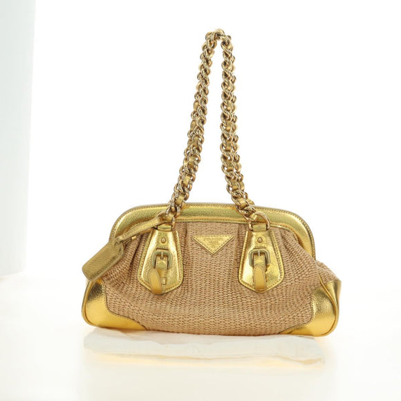 PRADA Chain Shoulder Bag Raffia Beige Gold Auth 181575SAV