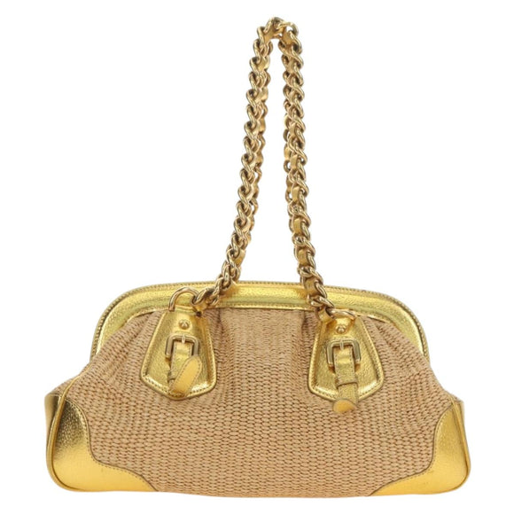 PRADA Chain Shoulder Bag Raffia Beige Gold Auth 181575SAV