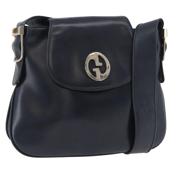 GUCCI Shoulder Bag Leather Navy Gold Auth 181580