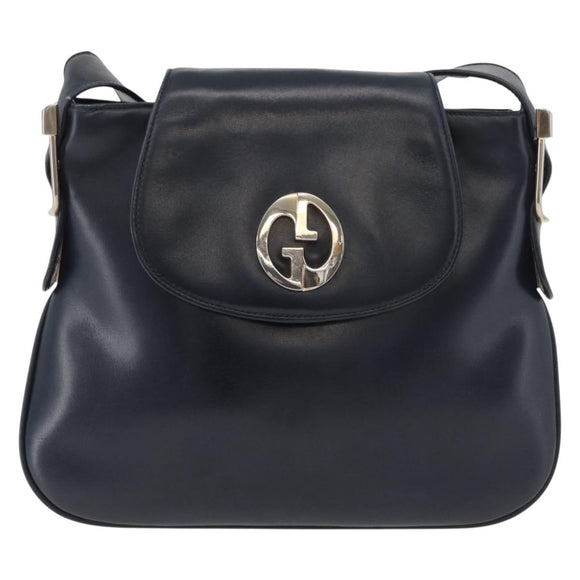 GUCCI Shoulder Bag Leather Navy Gold Auth 181580
