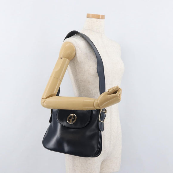 GUCCI Shoulder Bag Leather Navy Gold Auth 181580
