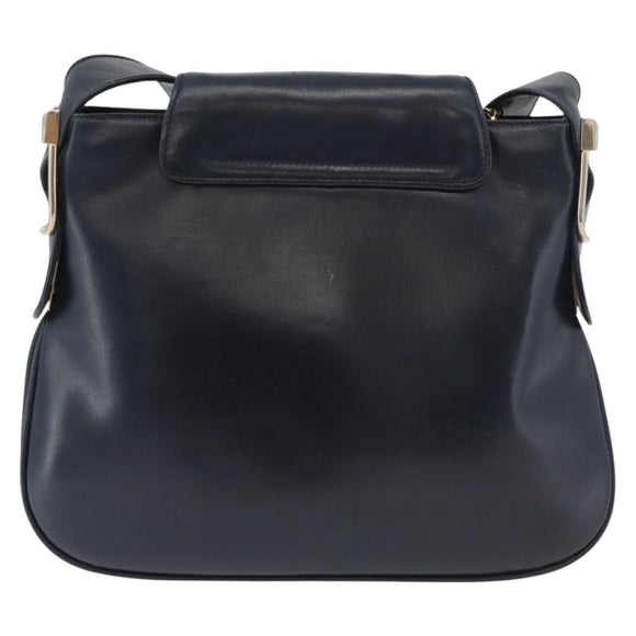GUCCI Shoulder Bag Leather Navy Gold Auth 181580