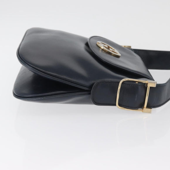 GUCCI Shoulder Bag Leather Navy Gold Auth 181580