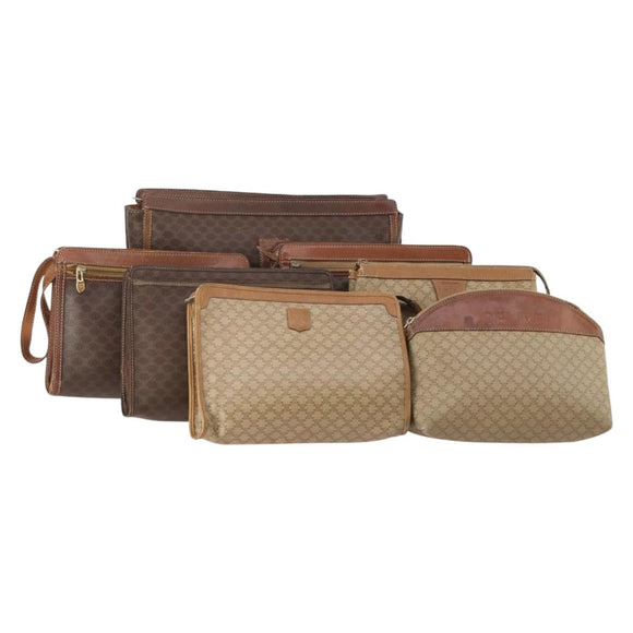 CELINE Macadam Canvas Clutch Bag PVC 6 Set Brown Beige Auth 181592