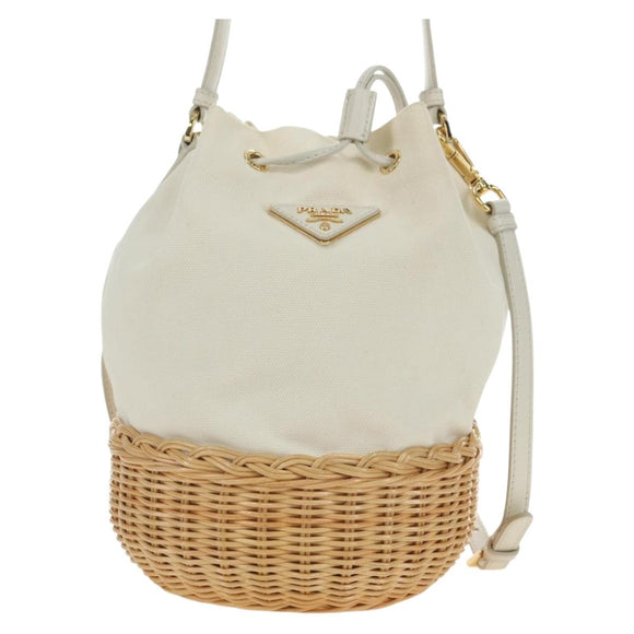 PRADA Wicker Shoulder Bag Rattan 2way Beige Gold Auth 181615V