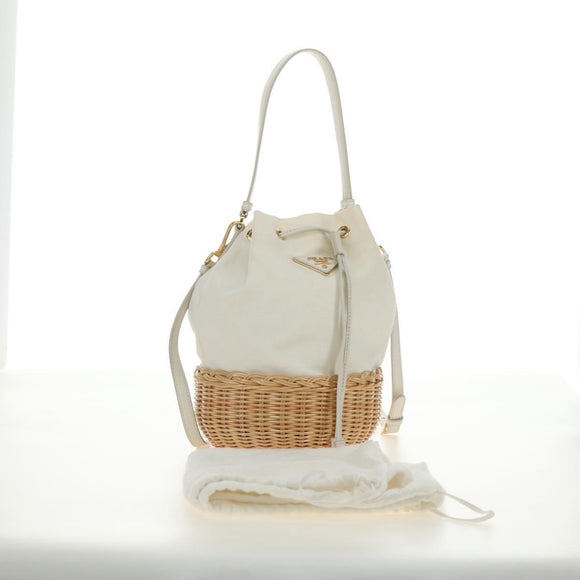 PRADA Wicker Shoulder Bag Rattan 2way Beige Gold Auth 181615V