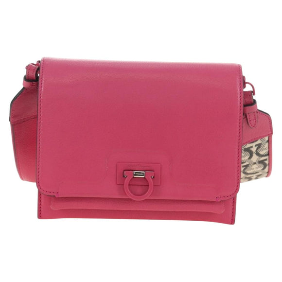 Salvatore Ferragamo Gancini Shoulder Bag Leather Pink Silver Auth 181622V