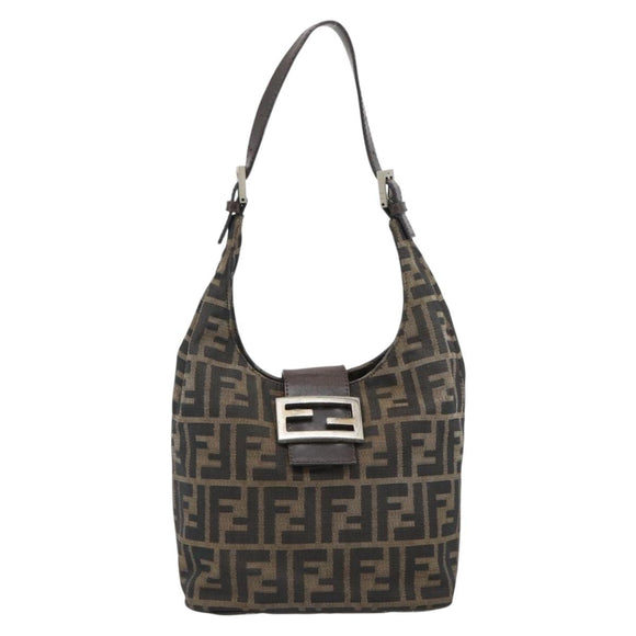 FENDI Zucca Canvas Mamma Baguette Shoulder Bag Black Brown Auth 181633A