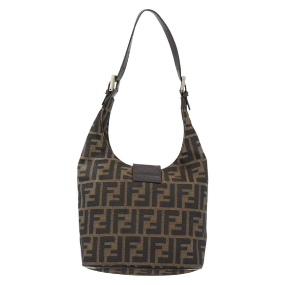 FENDI Zucca Canvas Mamma Baguette Shoulder Bag Black Brown Auth 181633A