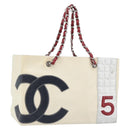 CHANEL Choco Bar Chain Tote Bag No5 Canvas Ivory Silver CC Auth 181646A-1