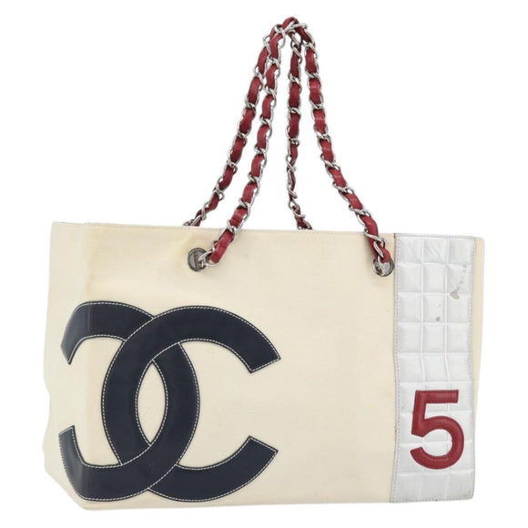 CHANEL Choco Bar Chain Tote Bag No5 Canvas Ivory Silver CC Auth 181646A