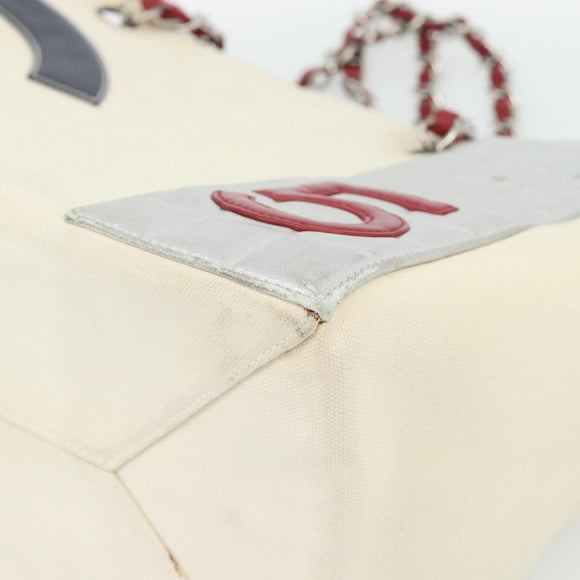 CHANEL Choco Bar Chain Tote Bag No5 Canvas Ivory Silver CC Auth 181646A