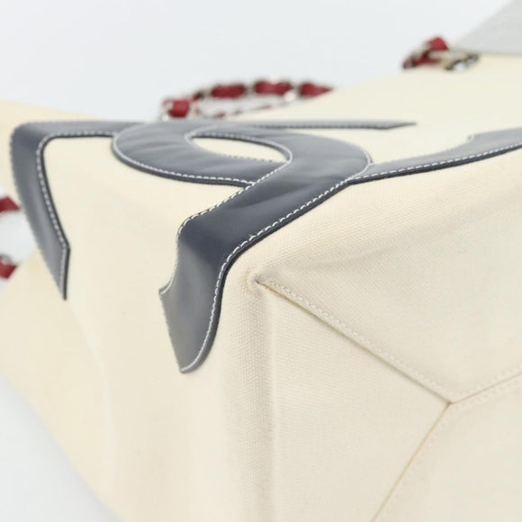 CHANEL Choco Bar Chain Tote Bag No5 Canvas Ivory Silver CC Auth 181646A