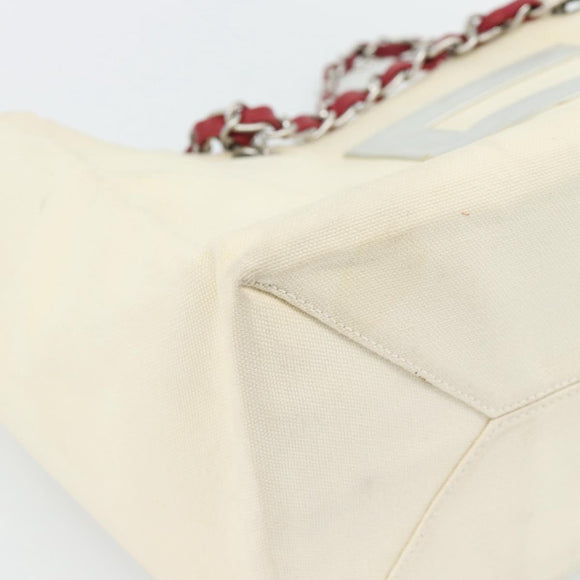 CHANEL Choco Bar Chain Tote Bag No5 Canvas Ivory Silver CC Auth 181646A