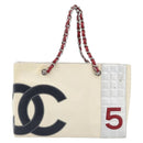 CHANEL Choco Bar Chain Tote Bag No5 Canvas Ivory Silver CC Auth 181646A-13
