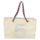 CHANEL Choco Bar Chain Tote Bag No5 Canvas Ivory Silver CC Auth 181646A-2