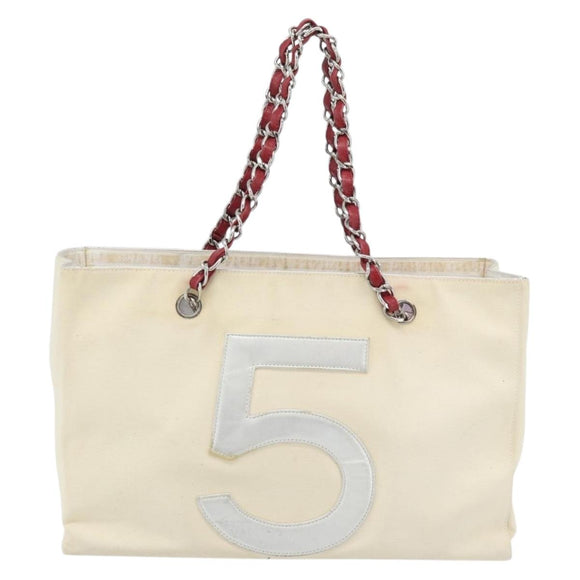 CHANEL Choco Bar Chain Tote Bag No5 Canvas Ivory Silver CC Auth 181646A