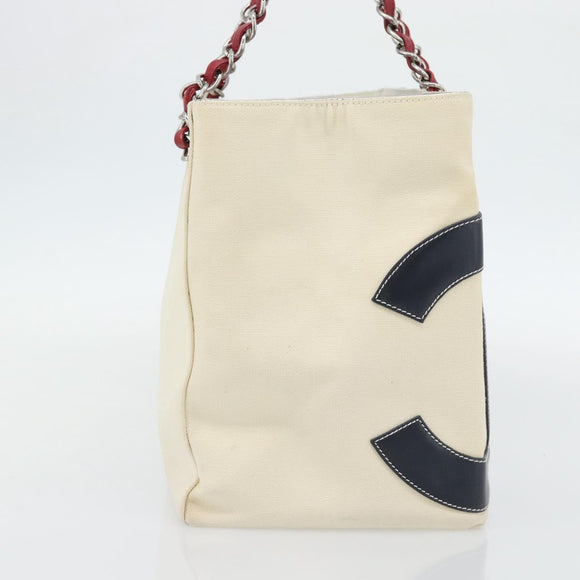 CHANEL Choco Bar Chain Tote Bag No5 Canvas Ivory Silver CC Auth 181646A