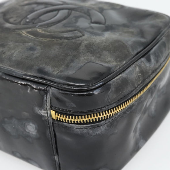 CHANEL COCO Mark Vanity Hand Bag Patent leather Black Gold CC Auth 181661