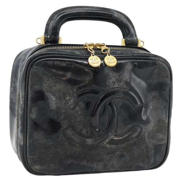 CHANEL COCO Mark Vanity Hand Bag Patent leather Black Gold CC Auth 181661