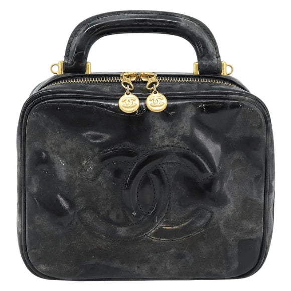 CHANEL COCO Mark Vanity Hand Bag Patent leather Black Gold CC Auth 181661