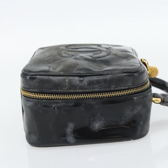 CHANEL COCO Mark Vanity Hand Bag Patent leather Black Gold CC Auth 181661
