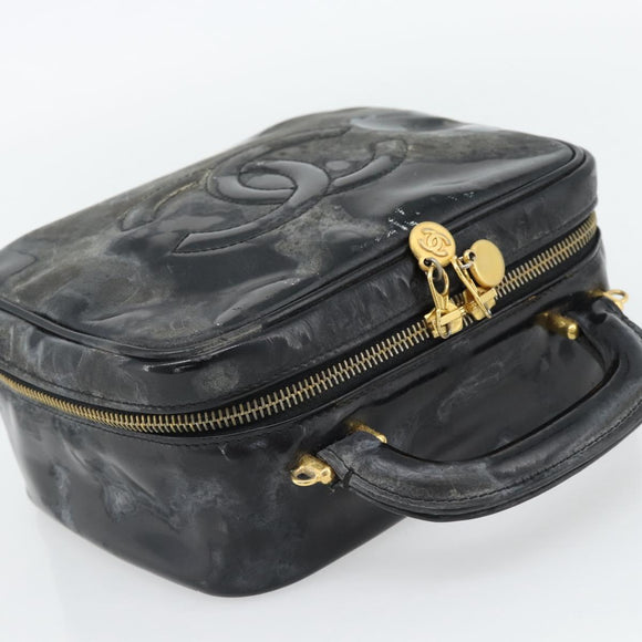 CHANEL COCO Mark Vanity Hand Bag Patent leather Black Gold CC Auth 181661