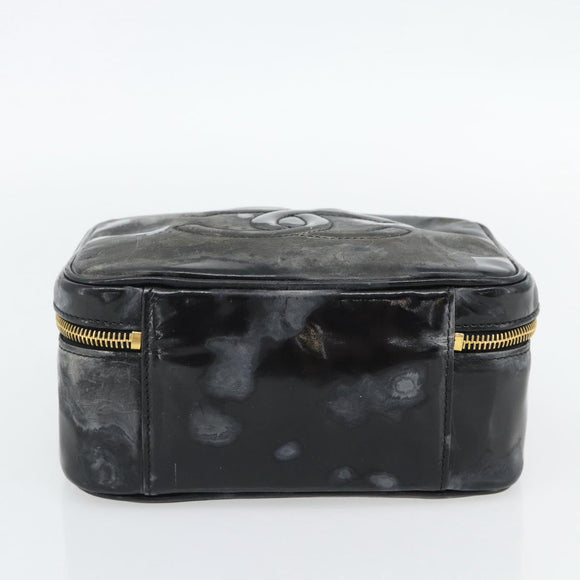CHANEL COCO Mark Vanity Hand Bag Patent leather Black Gold CC Auth 181661