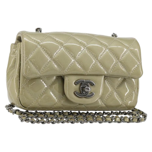 CHANEL Chain Mini Matelasse 16 Bag Patent leather Green Silver CC Auth 181668V