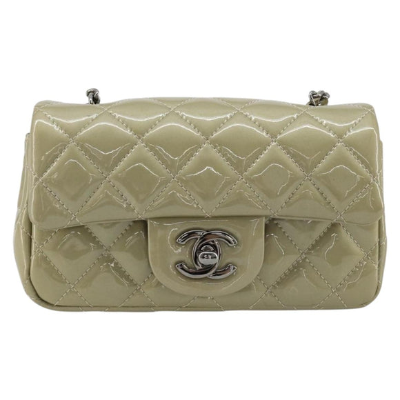 CHANEL Chain Mini Matelasse 16 Bag Patent leather Green Silver CC Auth 181668V
