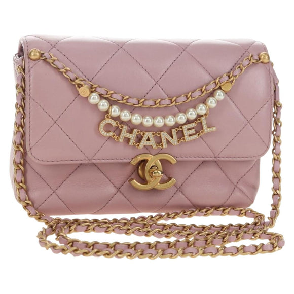 CHANEL Chain Mini Matelasse 18 Bag Lamb Skin Pink Gold CC Auth 181669SAM