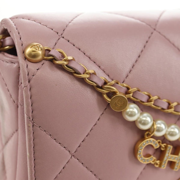 CHANEL Chain Mini Matelasse 18 Bag Lamb Skin Pink Gold CC Auth 181669SAM